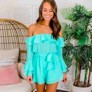 PINK LILY BOUTIQUE Tiffany Blue Ruffle Fun Strapless Romper with Bow at waist